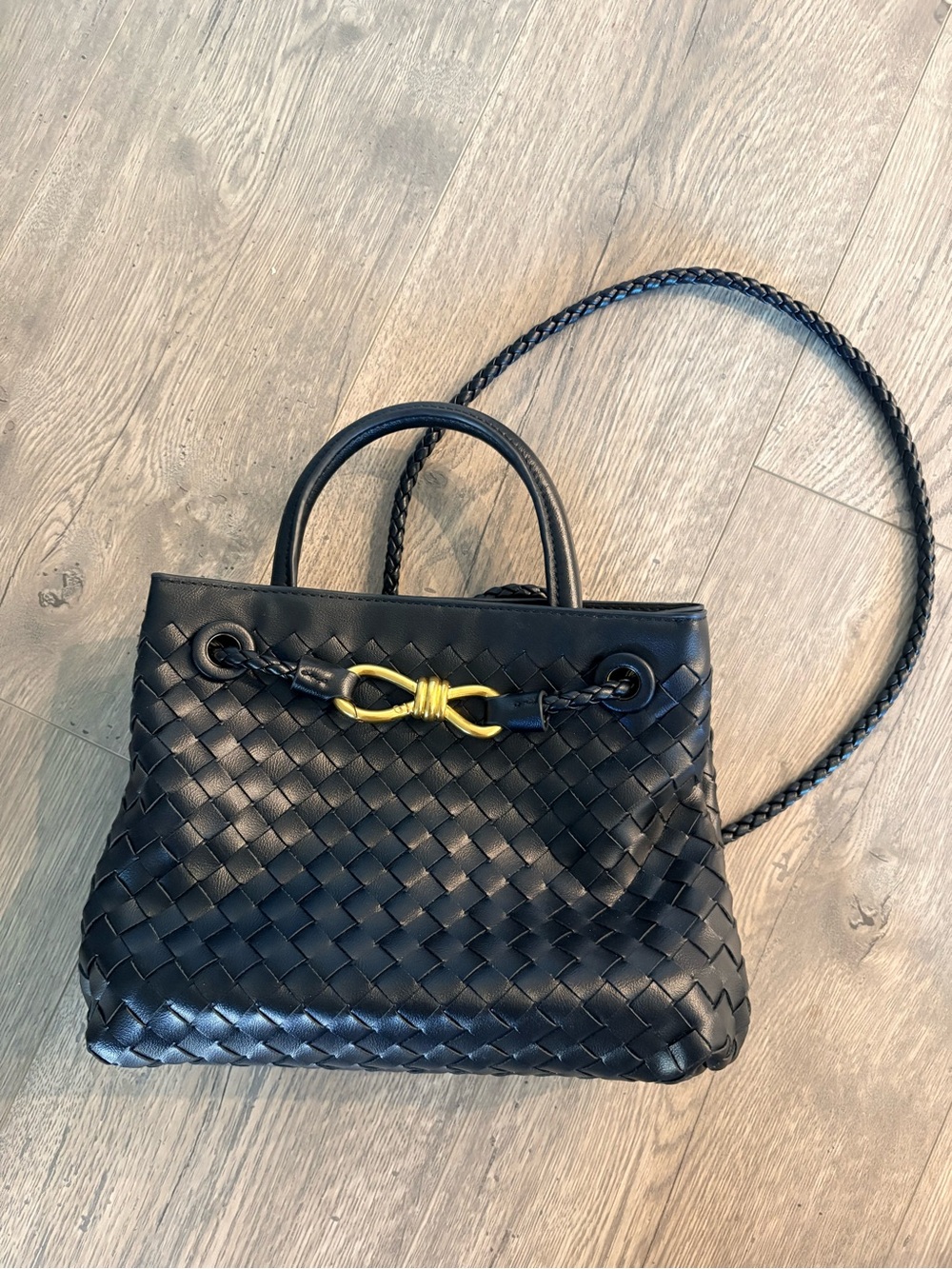 Bottega Inspired- Andiamo Small - Woven leather, top handle/crossbody, black bag